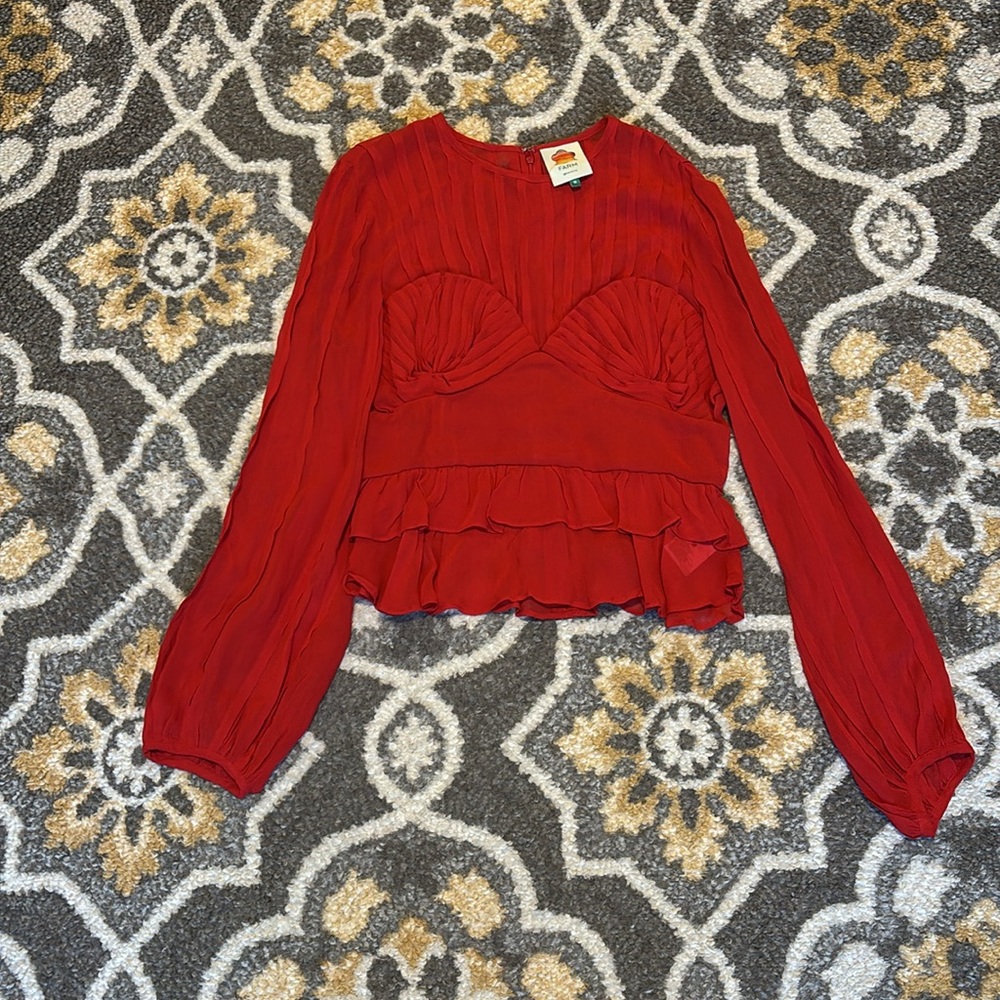 Farm Rio Red Pleated Long Sleeve Peplum Bustier Top - Picture 3 of 5
